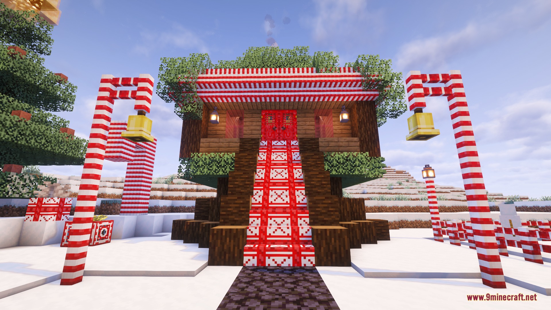 Candy Cane Fun Resource Pack Screenshot 6 A festive house decorated with candy cane patterns and large golden bells