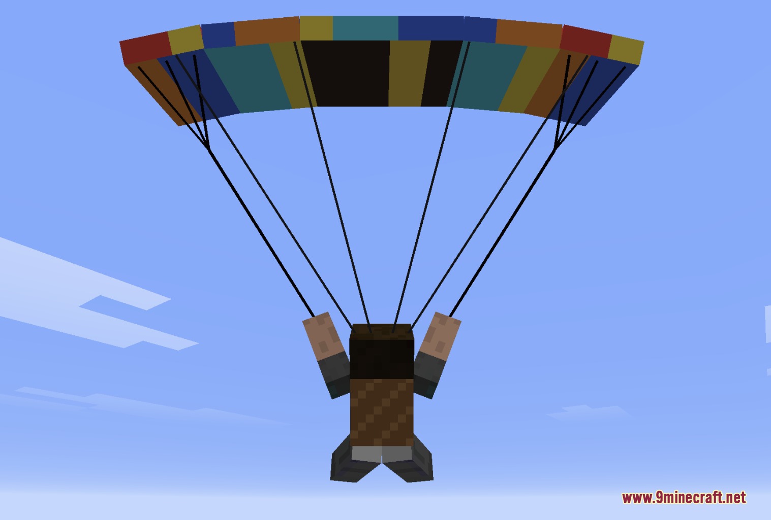 Canvas Skybolt Mod Screenshot 4 Minecraft character descending safely from the sky using a vibrant multi colored paraglider