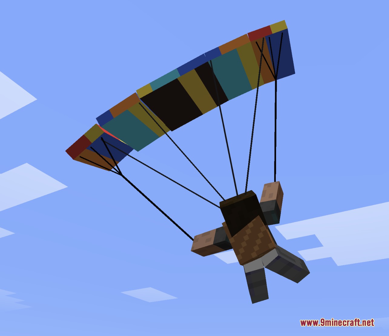 Canvas Skybolt Mod Screenshot 5 A Minecraft character glides through the sky using a colorful paraglider backpack