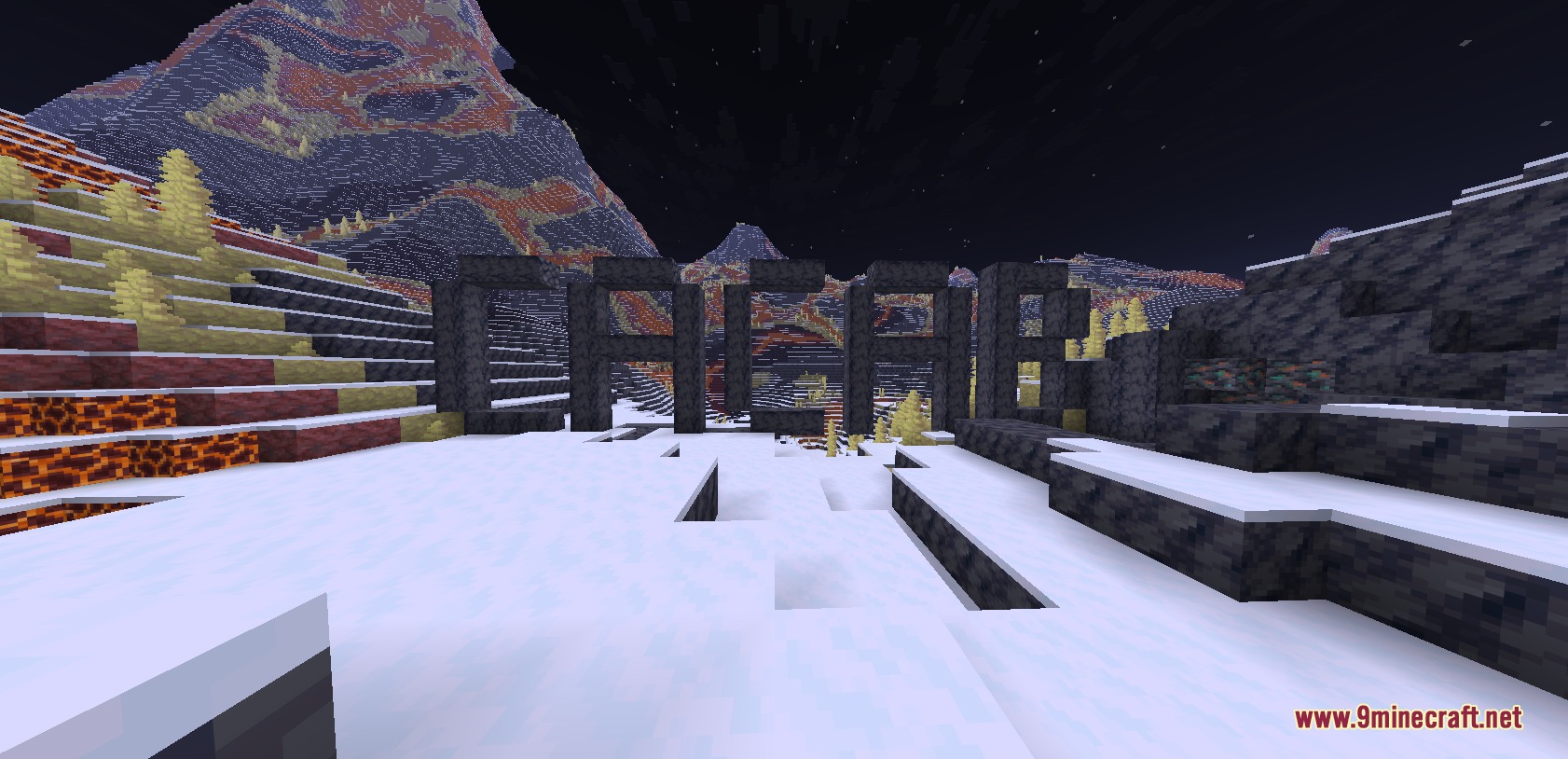 Canyons and Cliffs and Biomes Mod Screenshot 1 Giant letters spelling CACAB stand before massive mountains in a snowy landscape