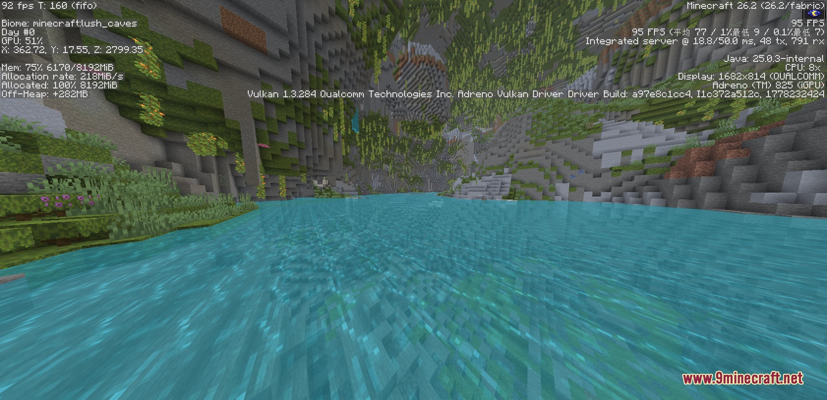 Canyons and Cliffs and Biomes Mod Screenshot 3 A giant lush cave system with a wide river and hanging plants