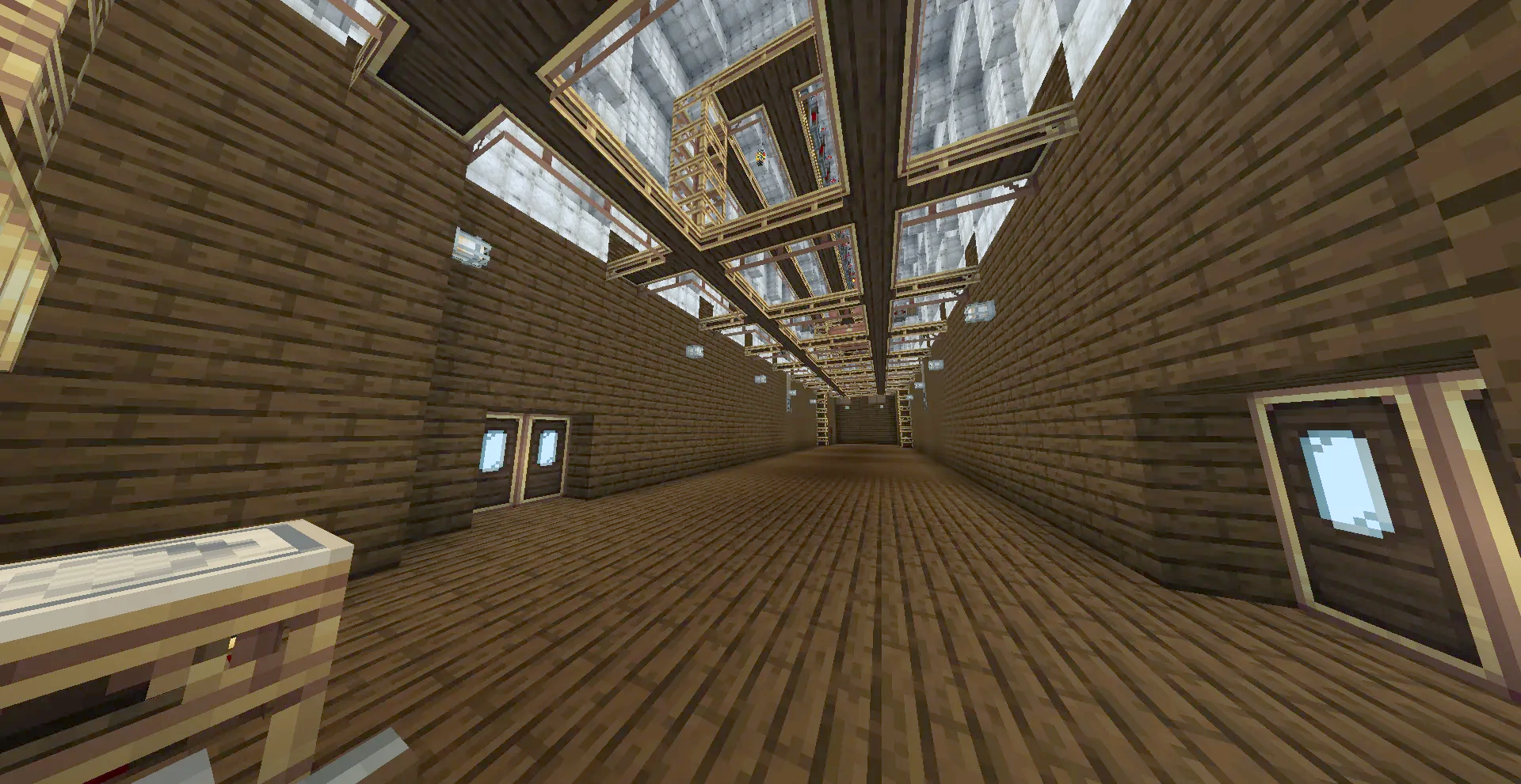 Cargo Blimp Mk1 Schematic Screenshots 1 Spacious wooden interior of an airship with glass windows on the ceiling