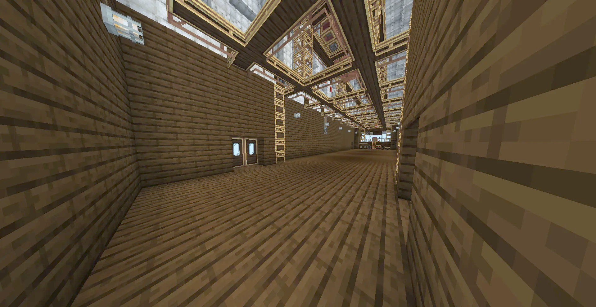 Cargo Blimp Mk1 Schematic Screenshots 3 A spacious wooden corridor inside the airship with glass panels on top