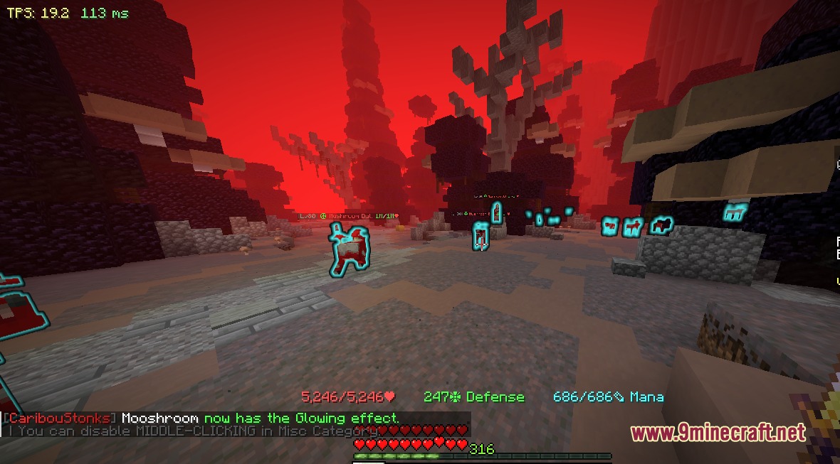 Caribou Stonks Hypixel Sky Block Mod Screenshot 3 A Mooshroom mob highlighted with a blue outline in a red biome