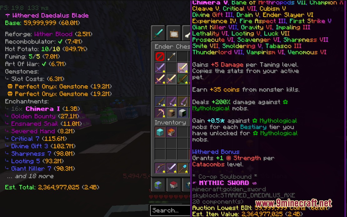 Caribou Stonks Hypixel Sky Block Mod Screenshot 4 Caribou Stonks mod shows the estimated market value of a mythic sword