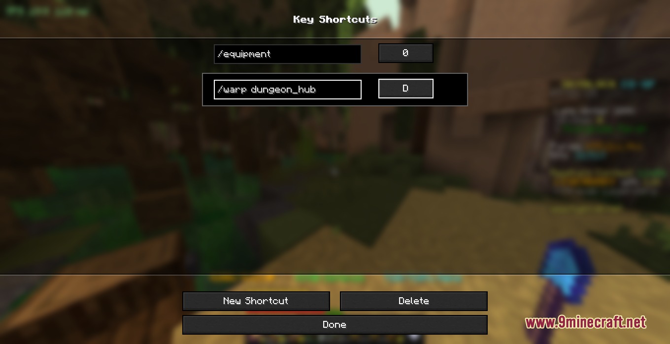Caribou Stonks Hypixel Sky Block Mod Screenshot 5 A Minecraft menu showing custom key shortcuts for commands like warp dungeon hub