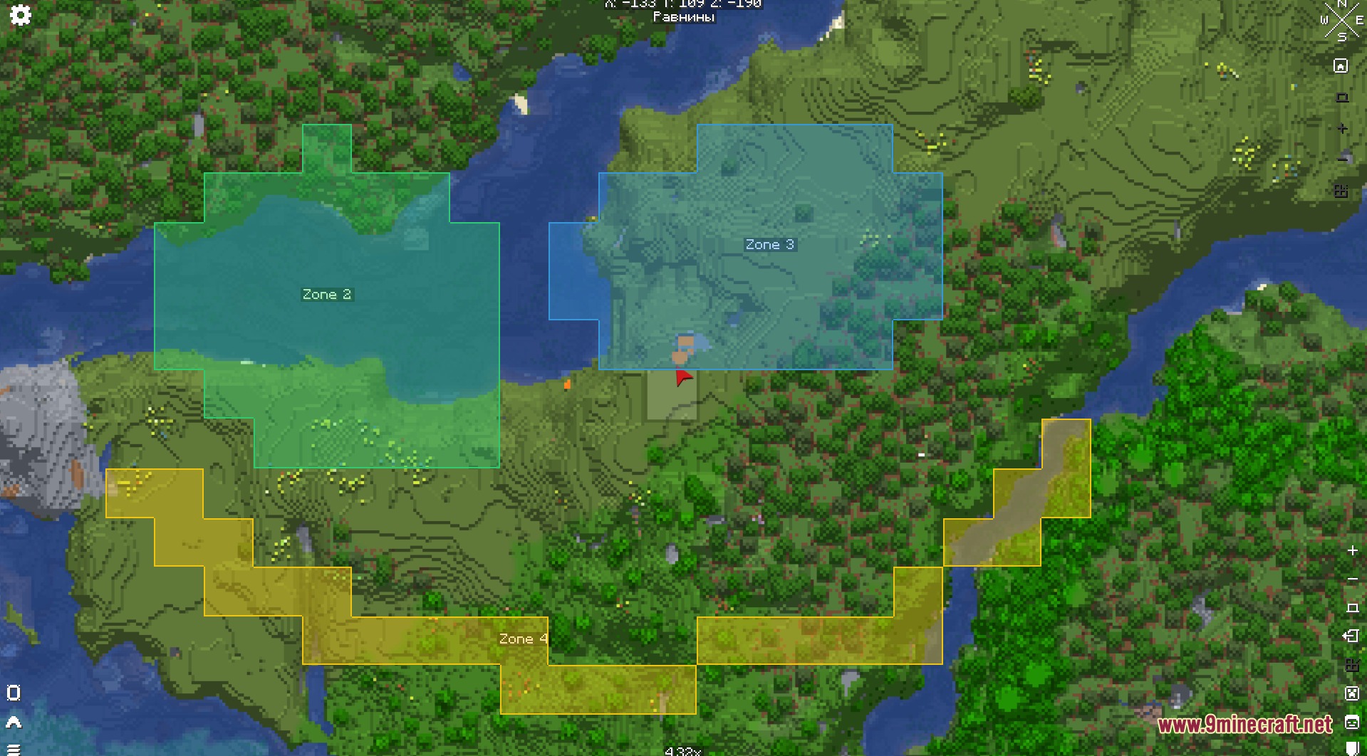 Multiple colored zones painted across the terrain to highlight different map areas