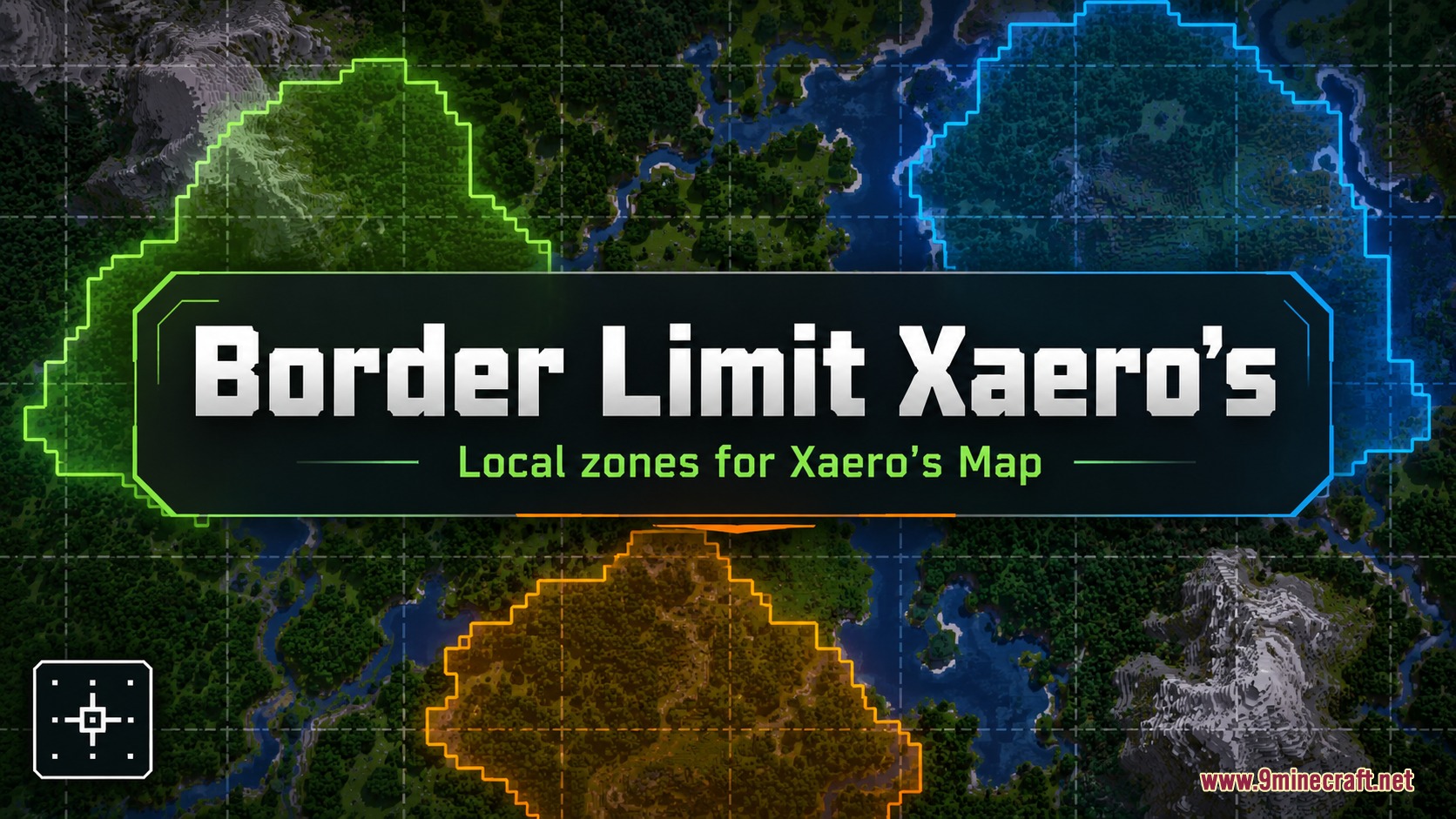 A Minecraft world map featuring various colored territory borders and local zones