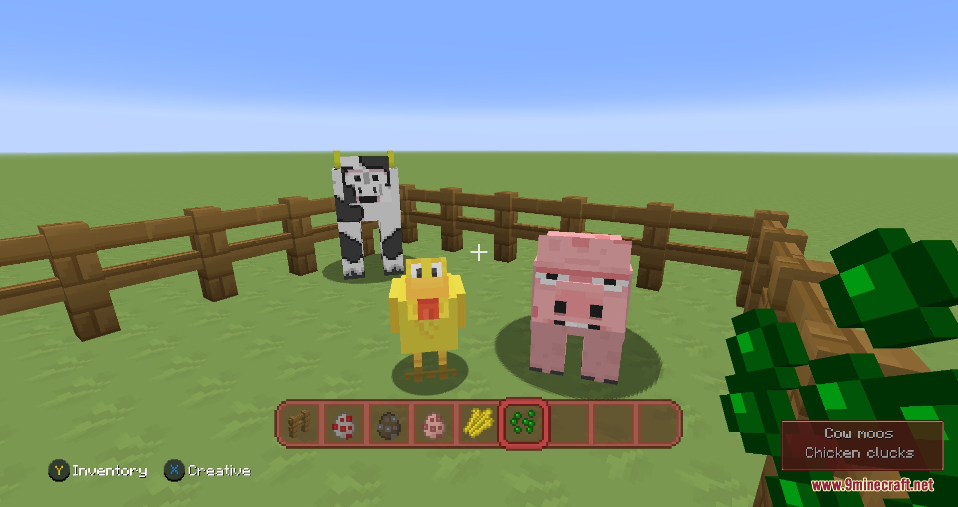 Cartoon Texture Concept Update 1.20 Resource Pack Screenshot 1 Cartoon style cow chicken and pig standing inside a wooden fence