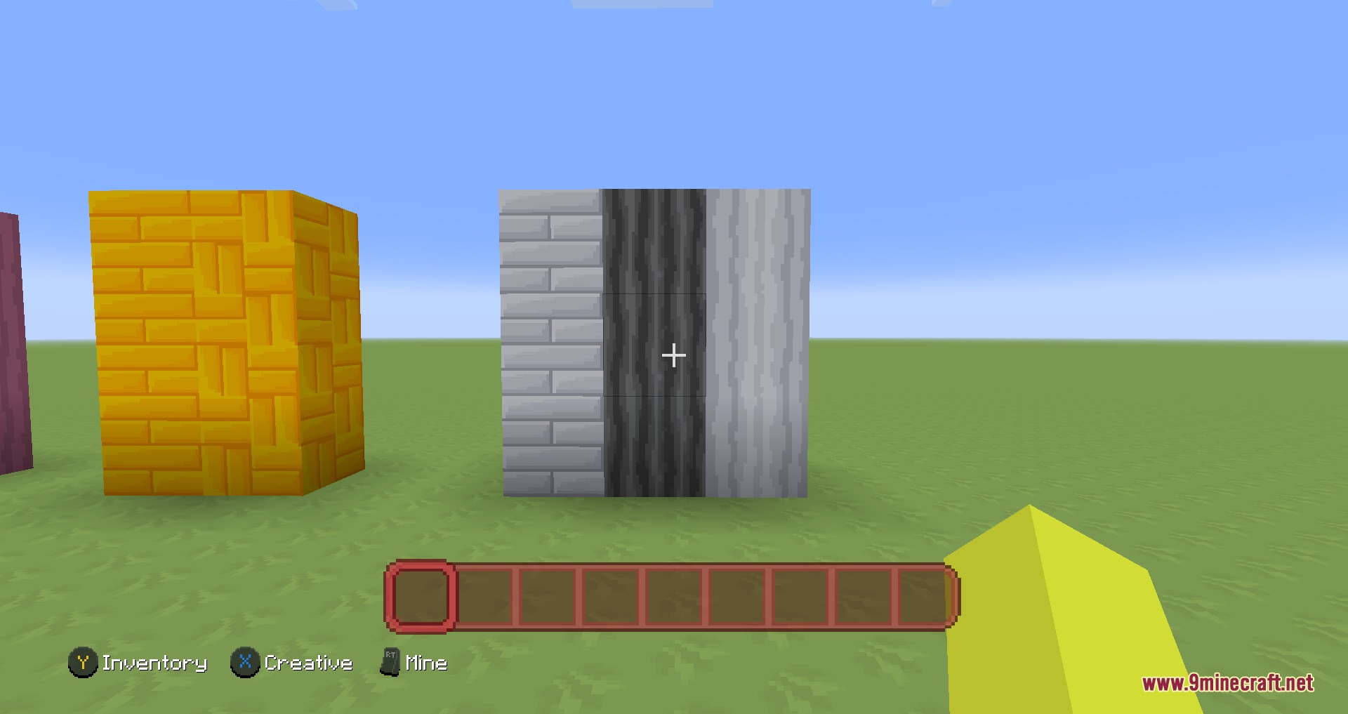 Cartoon Texture Concept Update 1.20 Resource Pack Screenshot 4 Close up of Pale Oak planks and logs next to Bamboo mosaic blocks