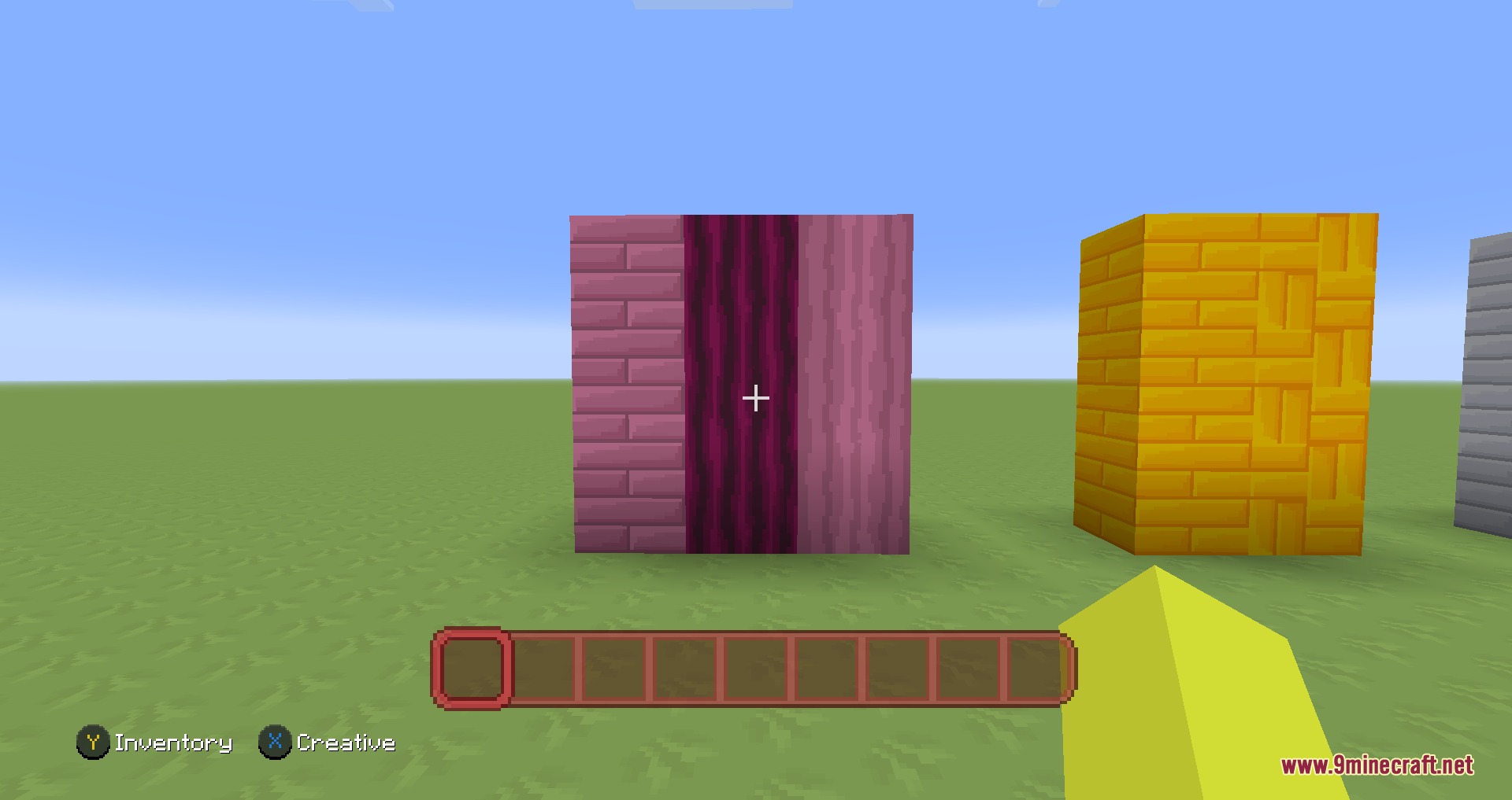 Cartoon Texture Concept Update 1.20 Resource Pack Screenshot 5 A player views pink cherry wood blocks with cartoon textures in Minecraft