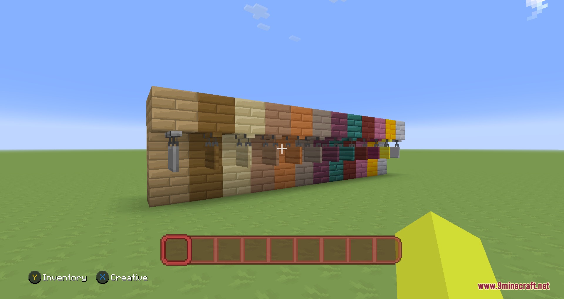 Cartoon Texture Concept Update 1.20 Resource Pack Screenshot 8 A wall displaying various wood planks and hanging signs with cartoon textures