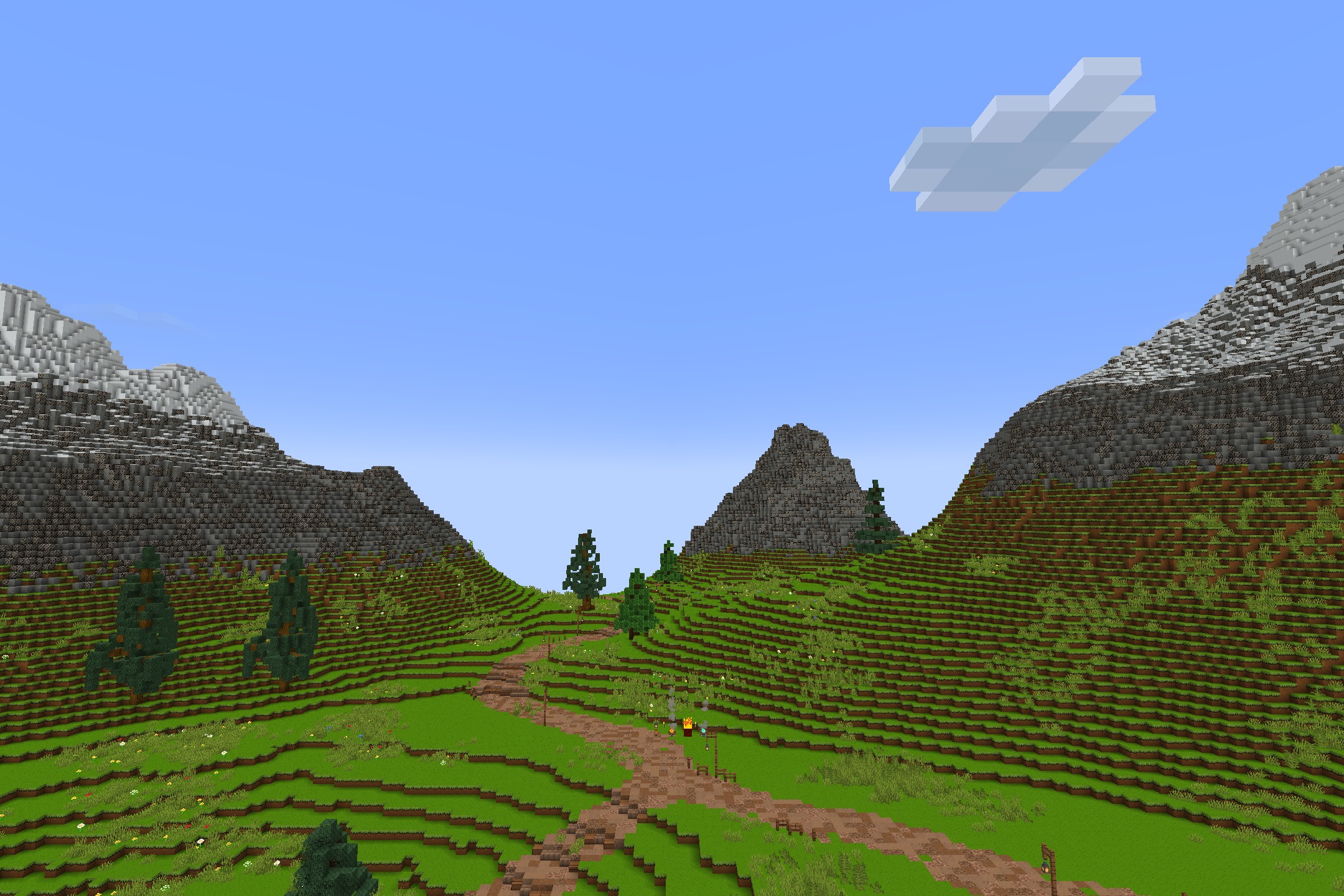 CartoonCraft Resource Pack Screenshot 10 Vibrant green hills and mountains featuring a simple hand drawn dirt path