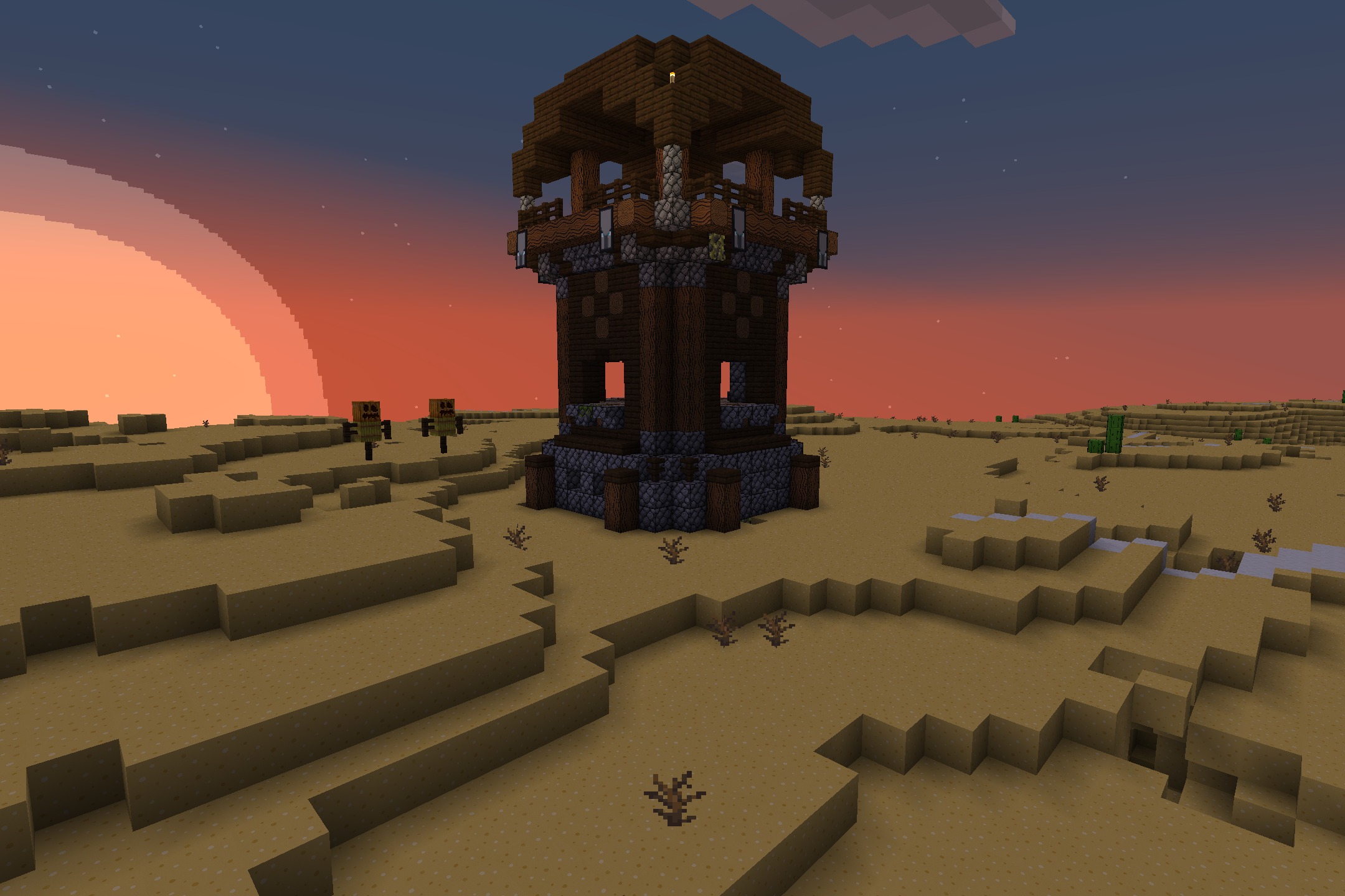 CartoonCraft Resource Pack Screenshot 7 A tall Pillager Outpost stands in a desert biome during a bright sunset