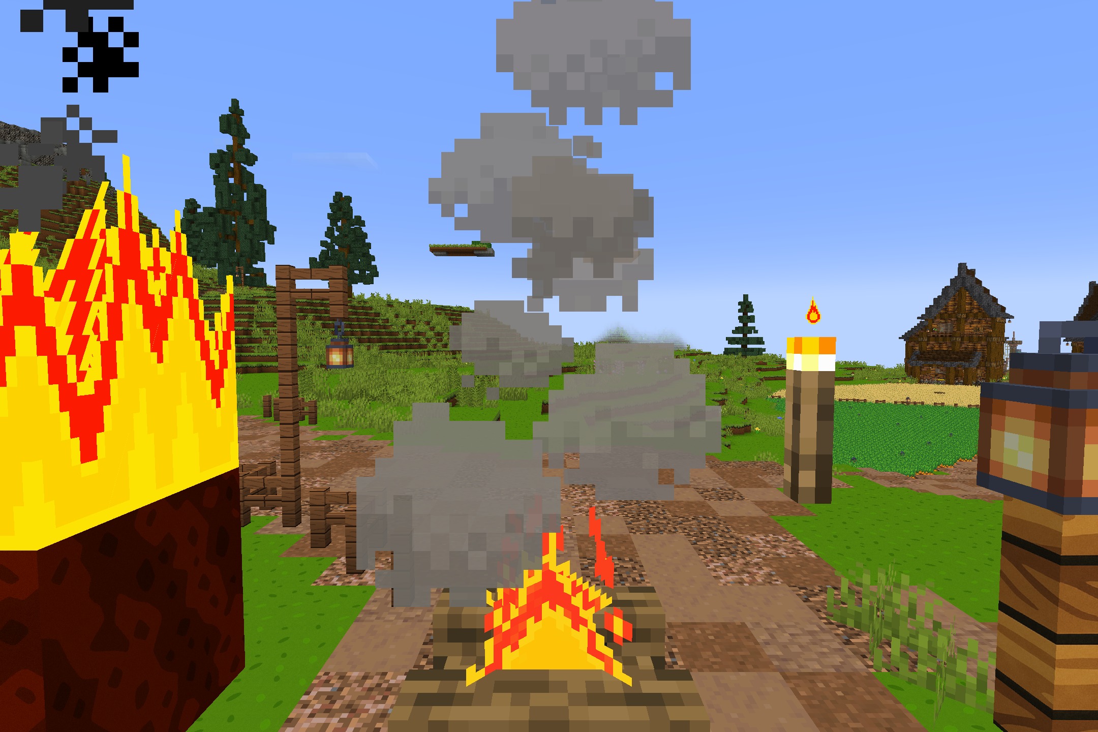 CartoonCraft Resource Pack Screenshot 8 A campfire with thick smoke clouds burns near a path in the village