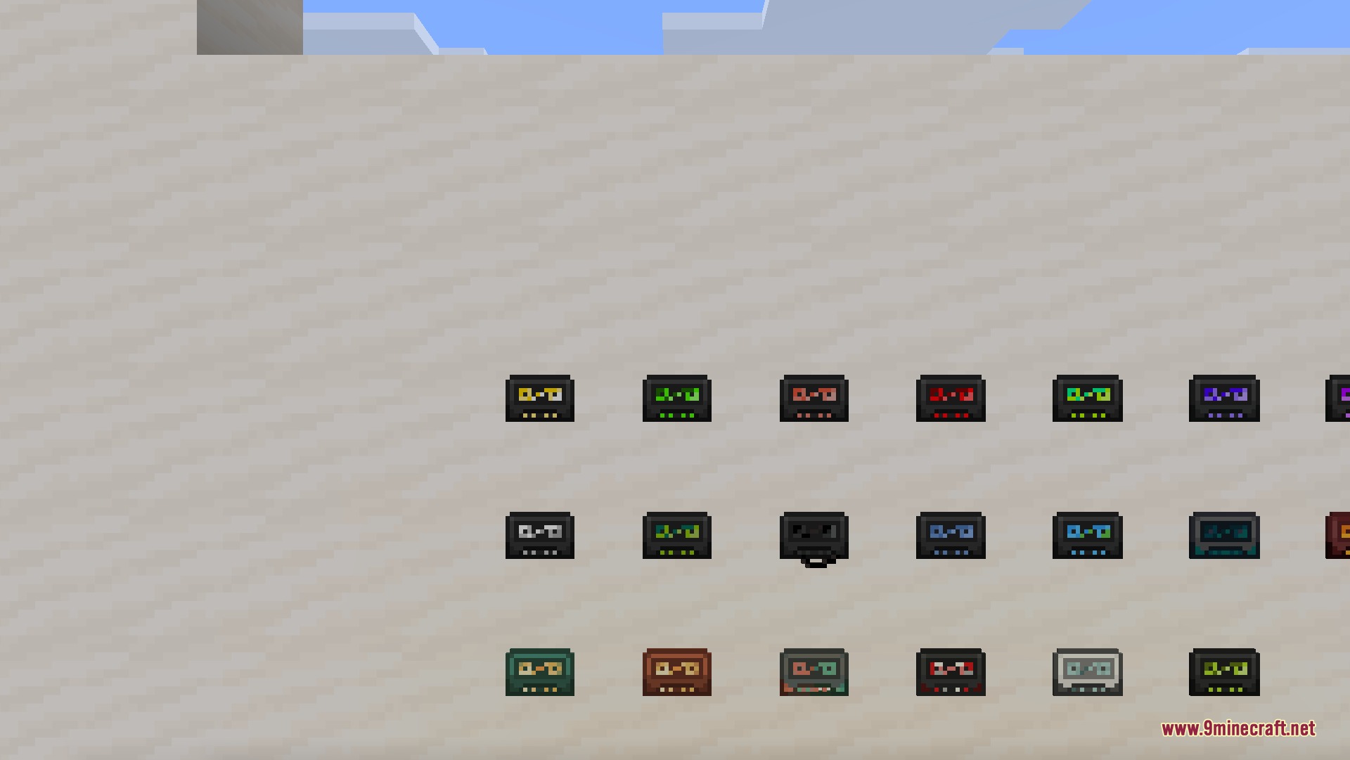 Cassette Music Disc 9minecraft Resource Pack Screenshot 1 A collection of colorful Cassette Music Disc items on a wall