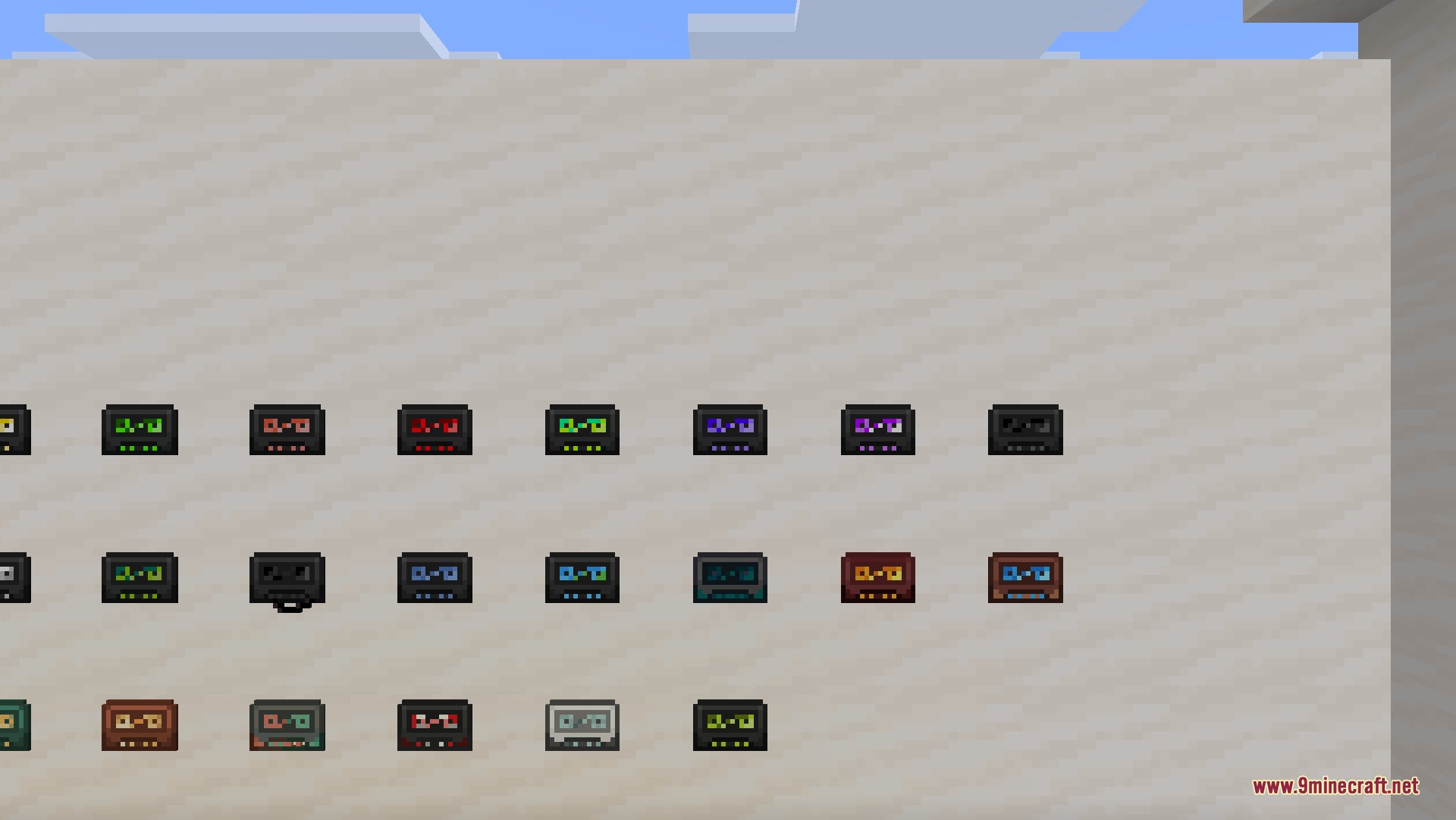 Cassette Music Disc 9minecraft Resource Pack Screenshot 2 Various retro cassette tapes with different accent colors on a wall