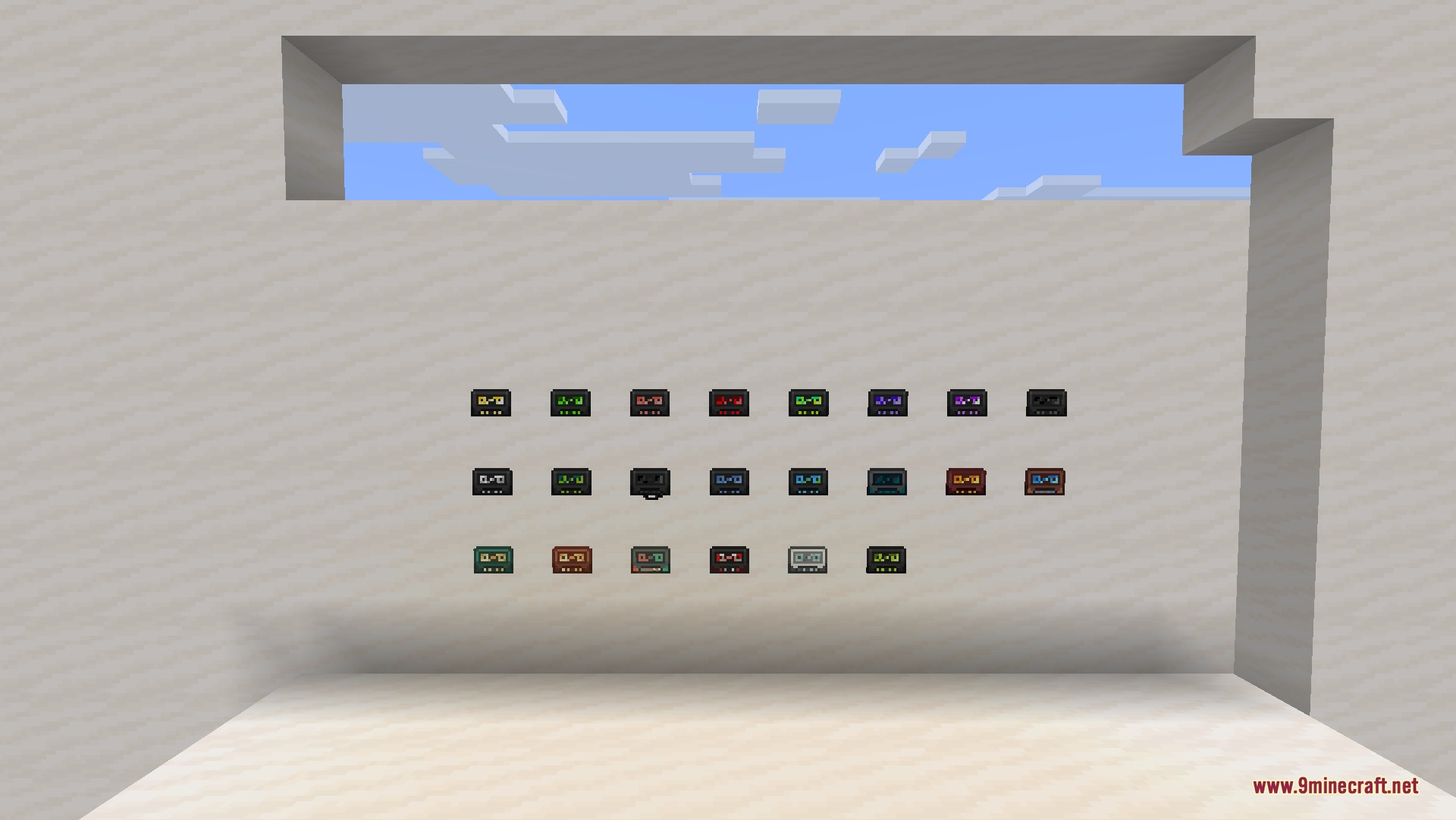 Cassette Music Disc 9minecraft Resource Pack Screenshot 3 A collection of colorful retro cassette tapes displayed on a wall in Minecraft