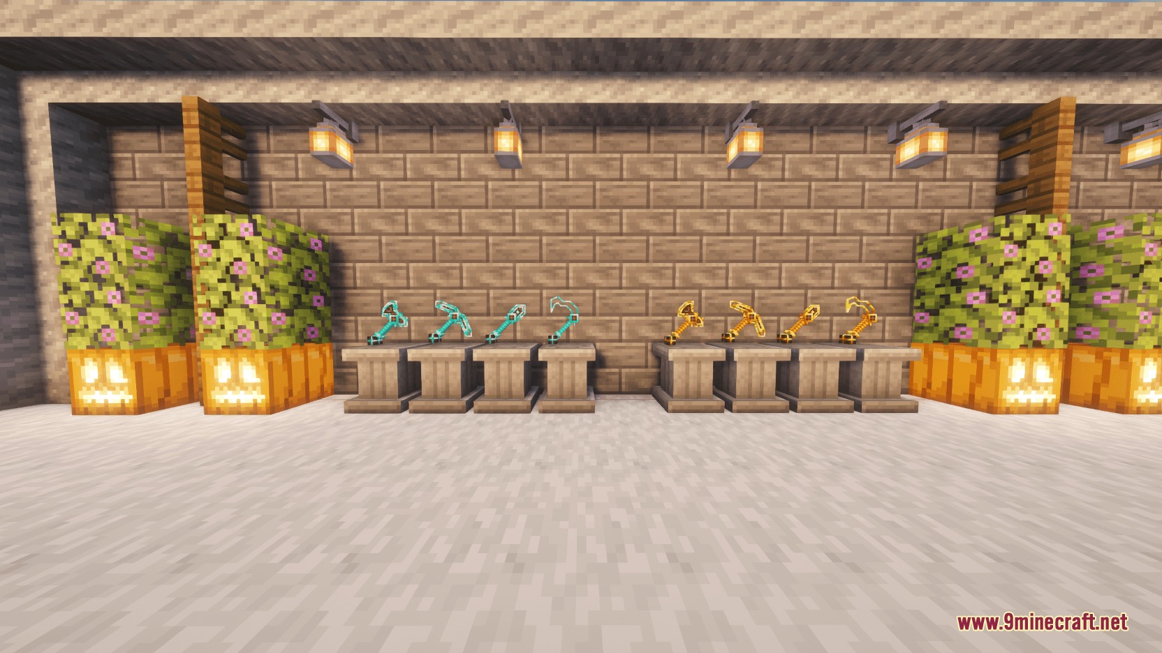Cataclysm Ignis Soulfires Mod Screenshot 2 Rows of teal and golden soul infused tools displayed on wooden pedestals