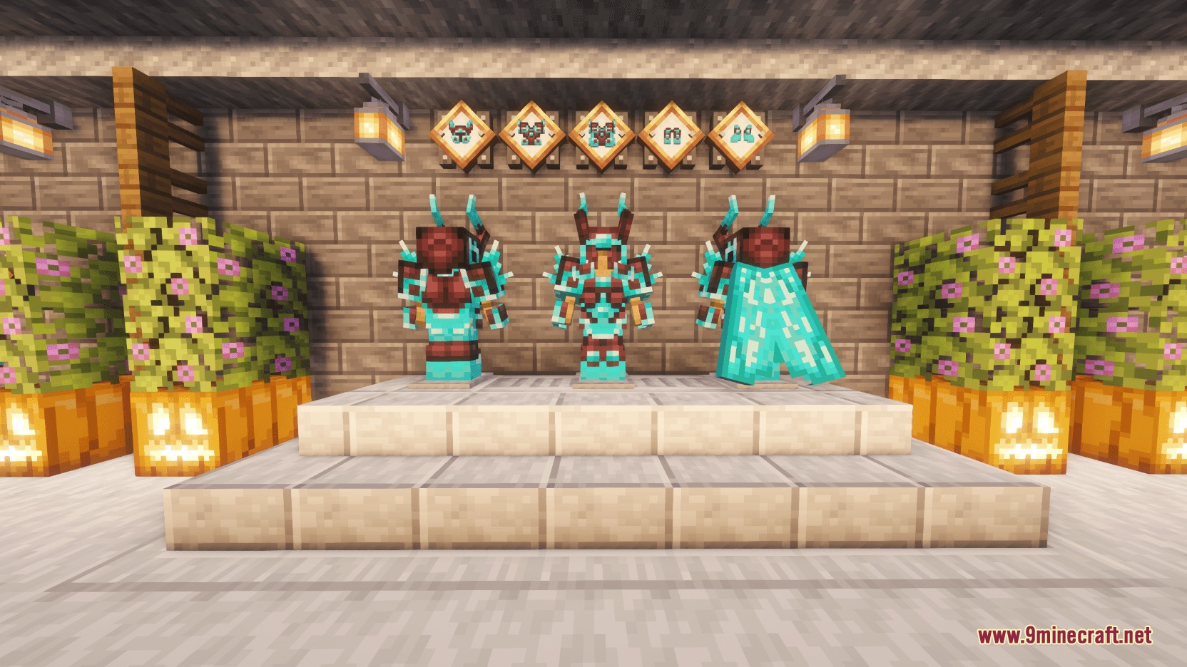 Cataclysm Ignis Soulfires Mod Screenshot 4 Three armor stands showcasing sets of Souled Ignitium armor on a stone platform