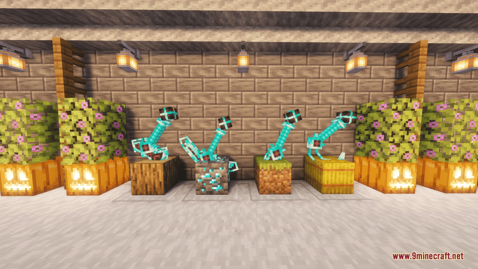 Cataclysm Ignis Soulfires Mod Screenshot 6 Upgraded soul infused tools displayed on armor stands atop various resource blocks