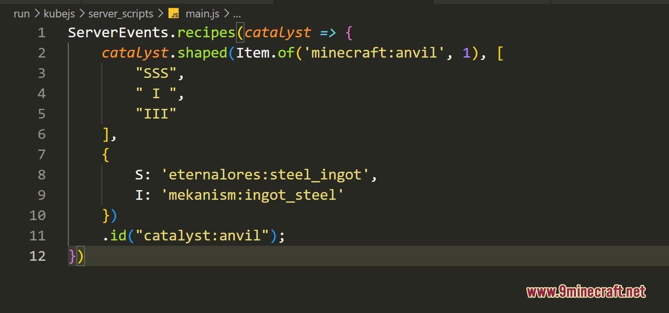 A code editor displaying a custom KubeJS script for an anvil recipe