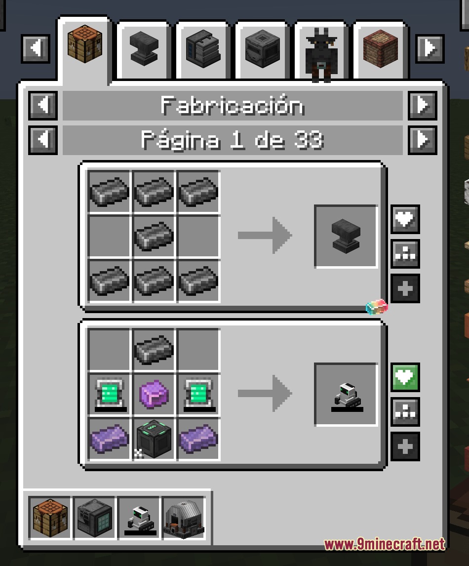 Minecraft interface showing custom crafting recipes for an anvil and machine