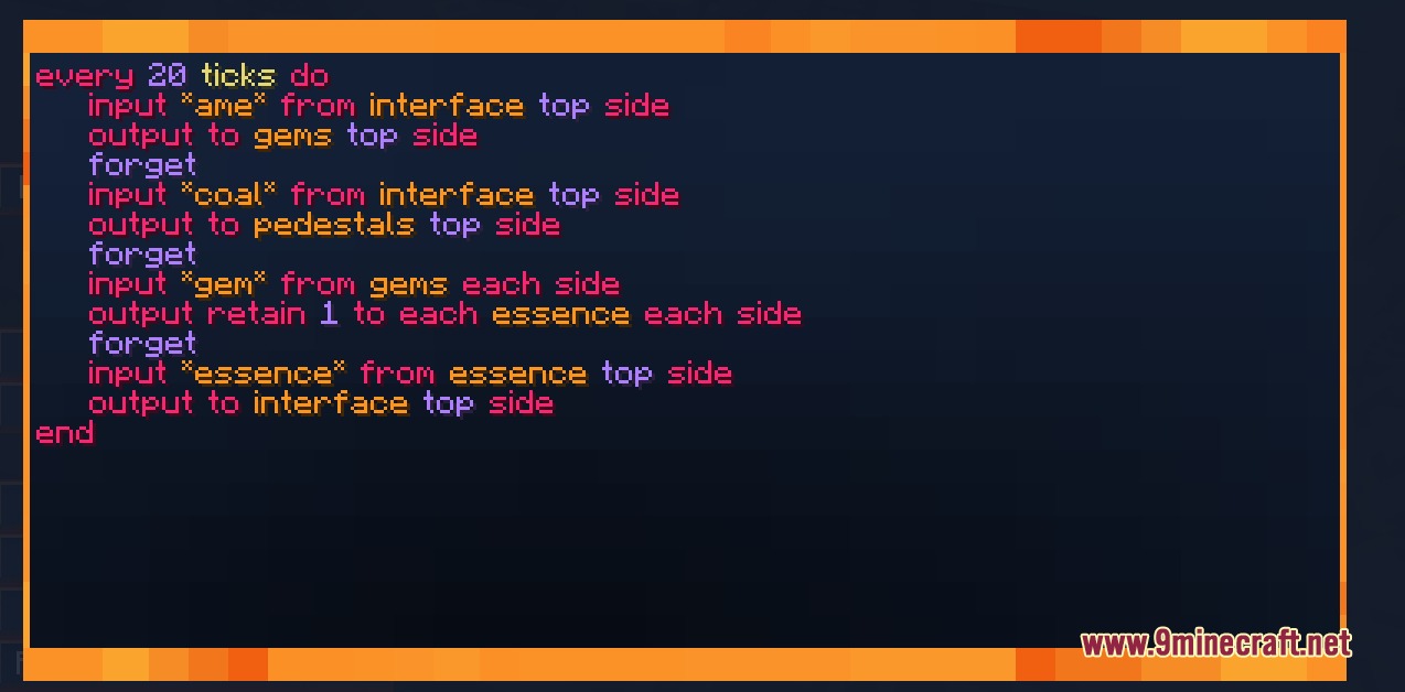 A script interface showing automation logic for items and essence in Minecraft