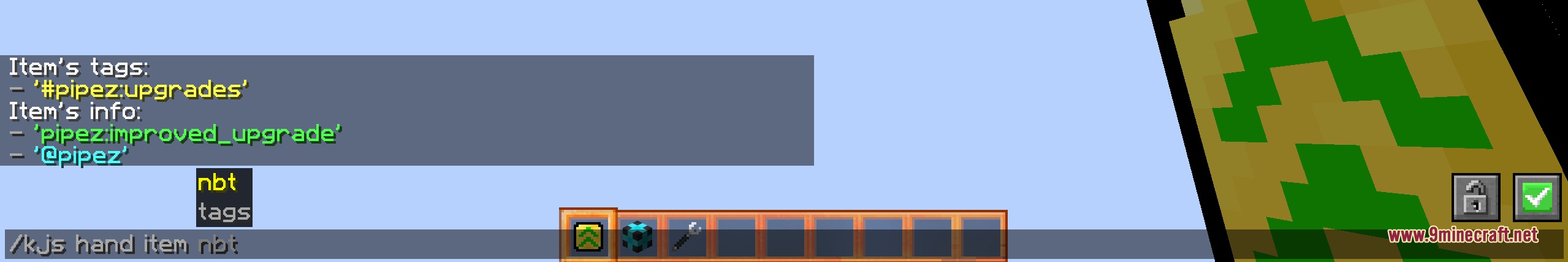Player using a command to display item tags and NBT data