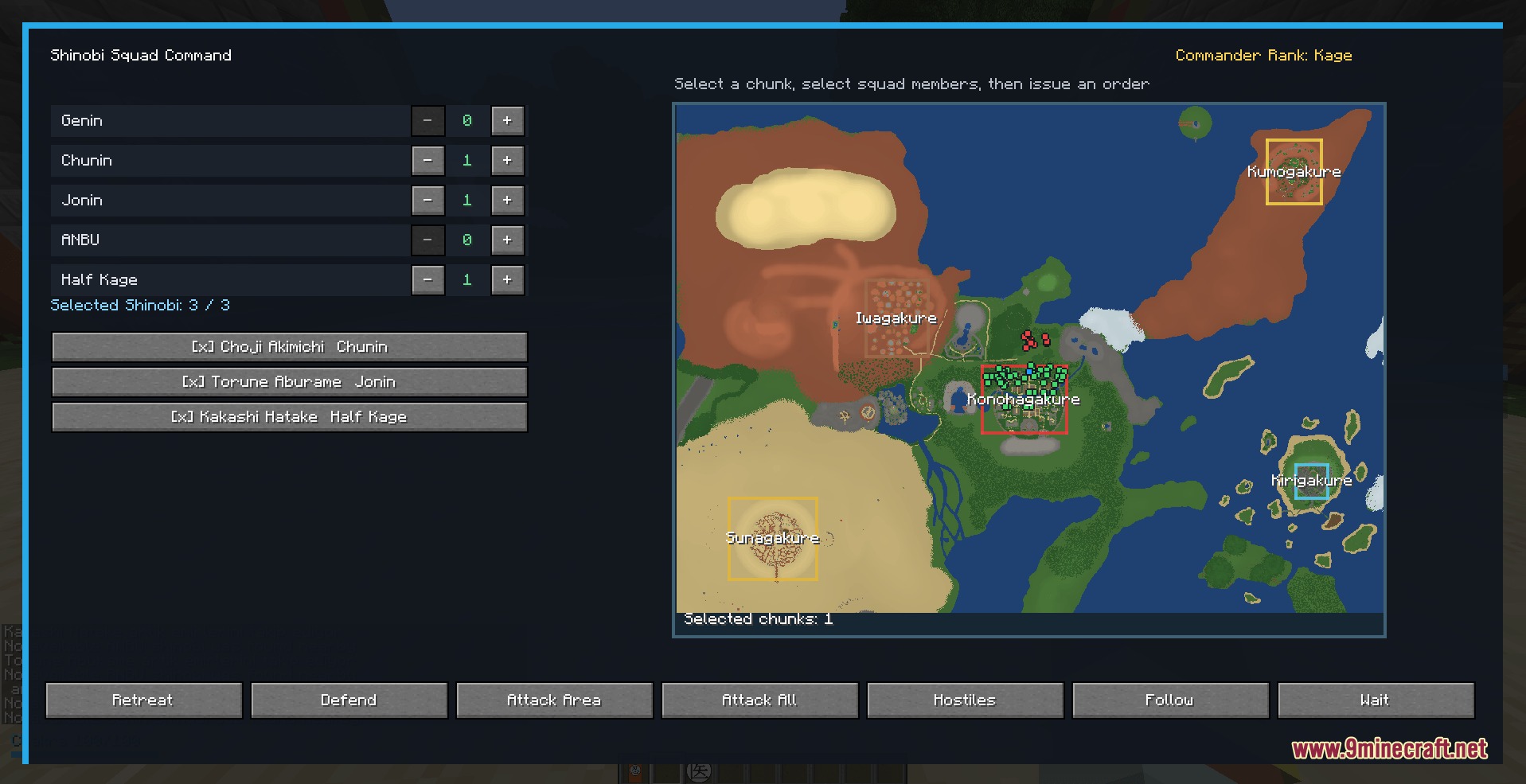 Chakra Bound Warfare Mod Screenshot 1 Shinobi Squad Command menu showing a world map and unit management options