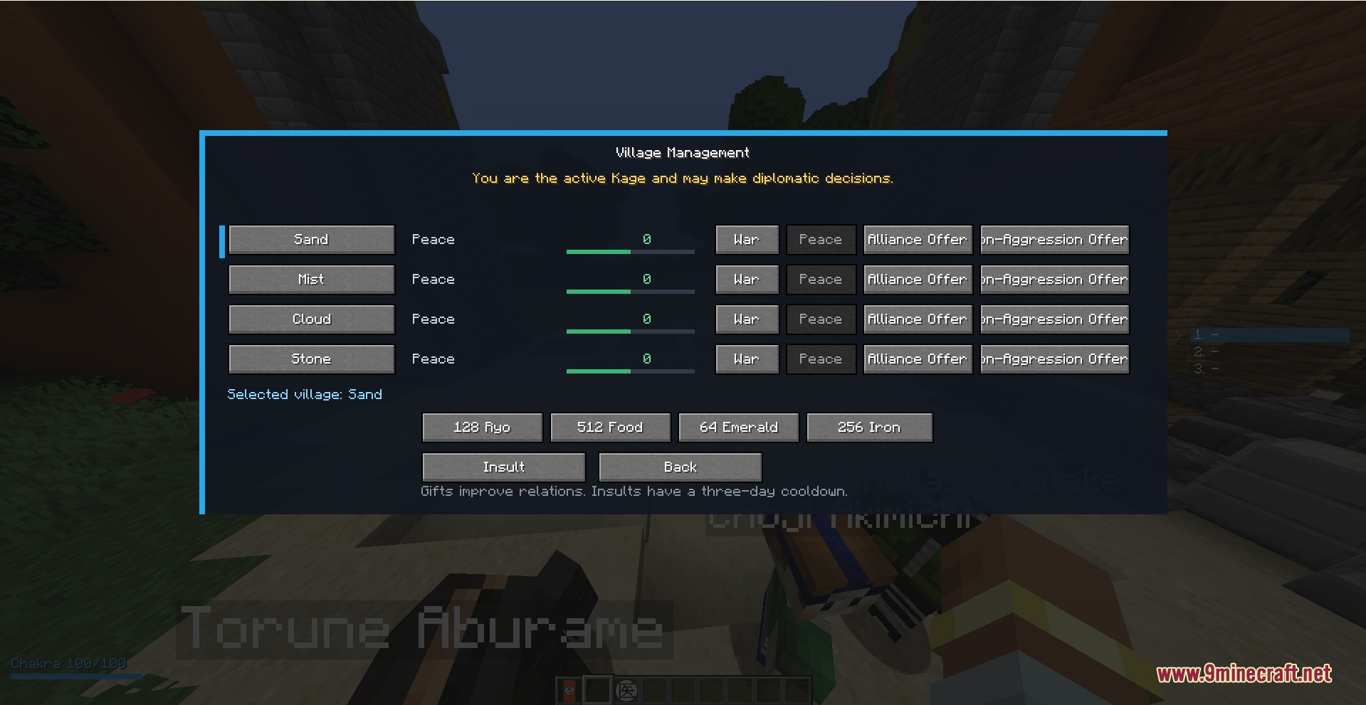 Chakra Bound Warfare Mod Screenshot 2 Village Management interface showing diplomatic relations and resource trading for ninja villages