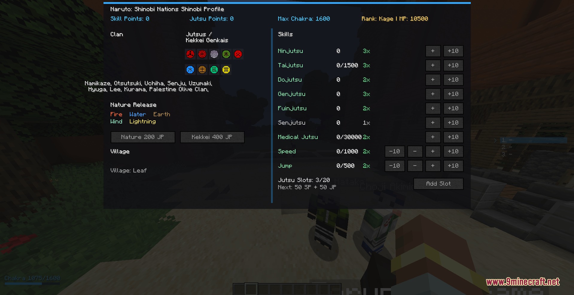 Chakra Bound Warfare Mod Screenshot 3 Chakra Bound Warfare Mod shinobi profile menu showing ninja skills and clan options
