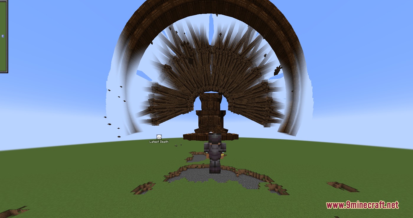 Chakra Bound Warfare Mod Screenshot 5 A player stands before a massive wooden fan structure in a flat world