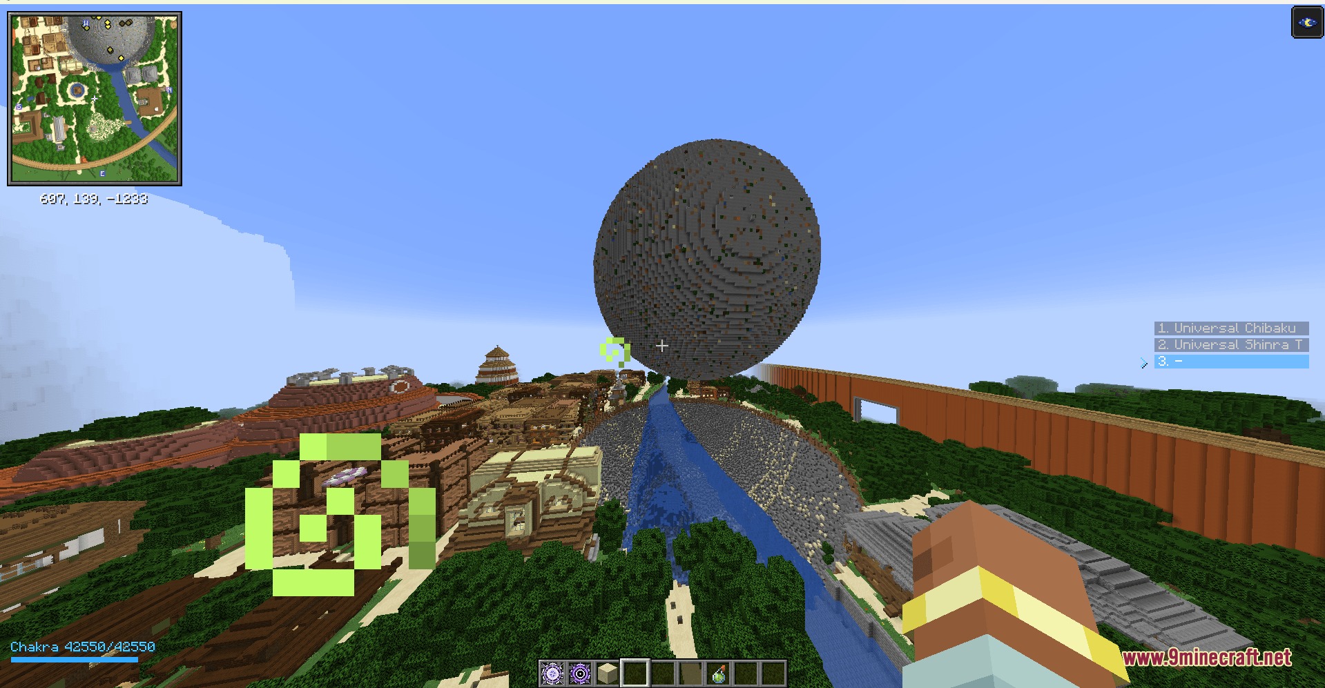 Chakra Bound Warfare Mod Screenshot 6 A massive stone sphere floats over a village using the Chibaku Tensei technique