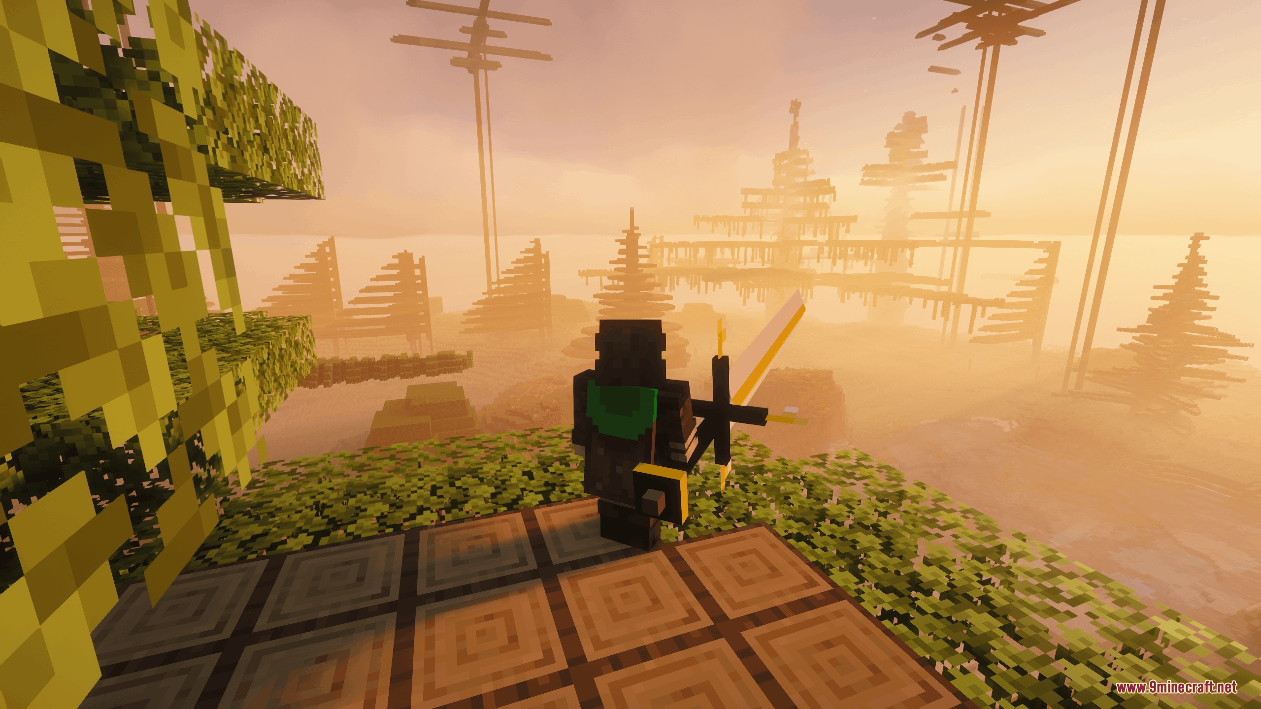 Chaos Persists Ore Spawn Remake Mod Screenshot 2 Minecraft character wielding a glowing sword while looking at tall spindly structures
