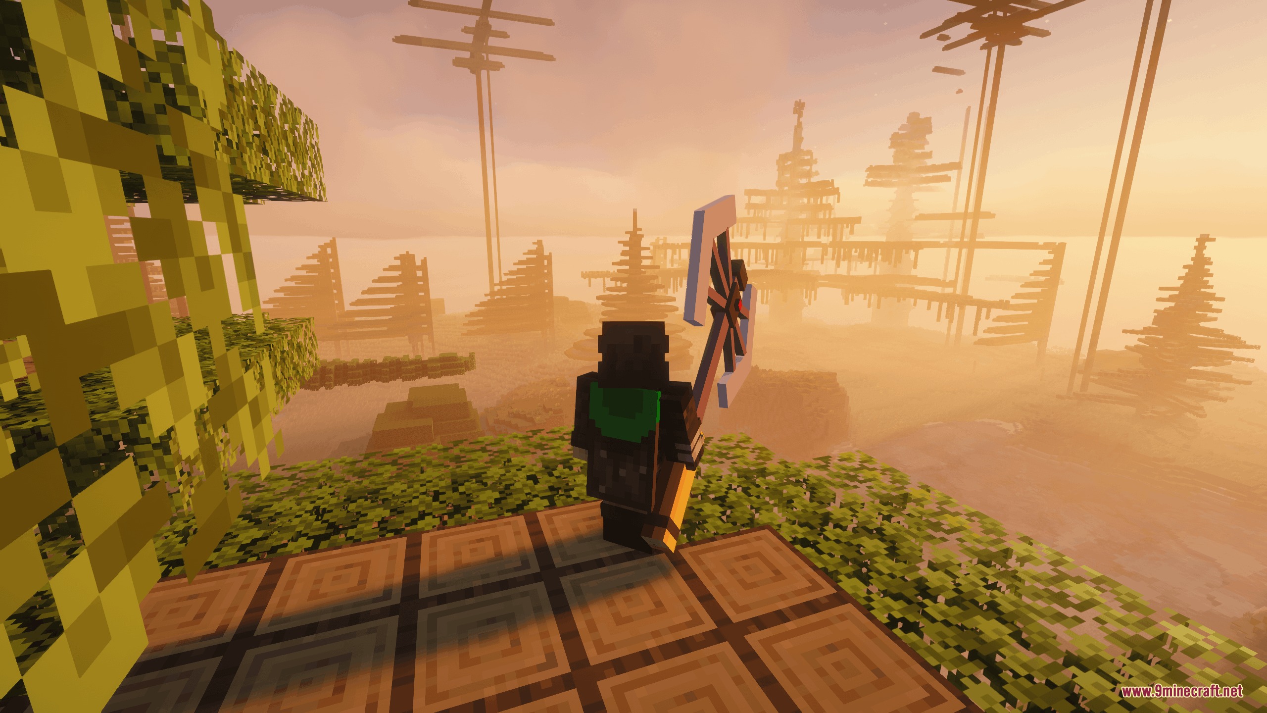Chaos Persists Ore Spawn Remake Mod Screenshot 5 Player holding a large custom axe while exploring a foggy chaotic dimension