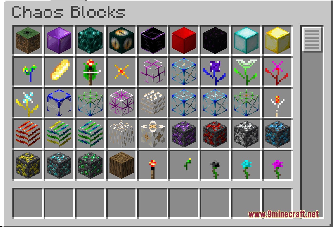Chaos Persists Ore Spawn Remake Mod Screenshot 6 Creative menu showcasing diverse custom blocks and ores in Chaos Persists mod