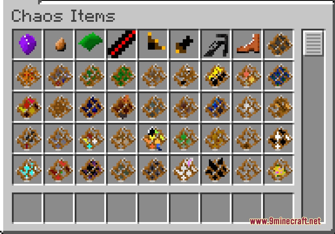 Chaos Persists Ore Spawn Remake Mod Screenshot 8 Creative inventory screen displaying various custom items and materials for the player