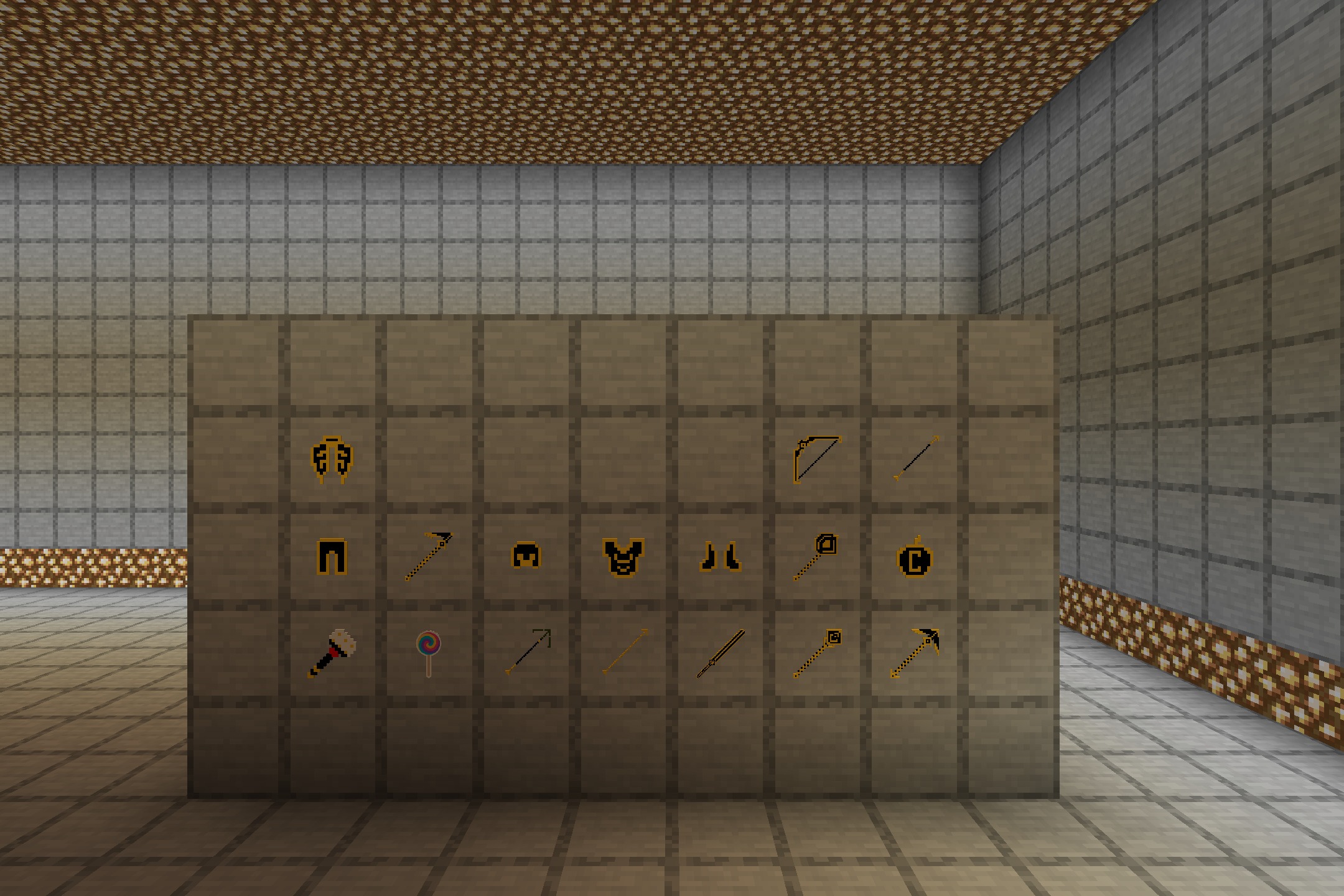 Chaos PvP Pack Resource Pack Screenshot 1 Chaos PvP Pack showcases glowing netherite gear and weapons on item frames