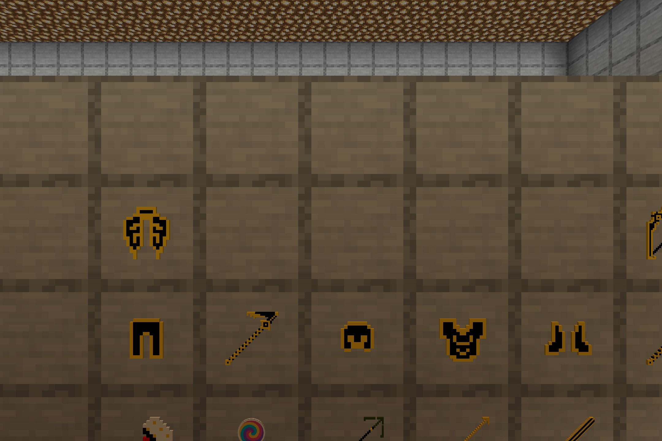 Chaos PvP Pack Resource Pack Screenshot 3 Netherite armor and tools with glowing yellow outlines displayed in item frames
