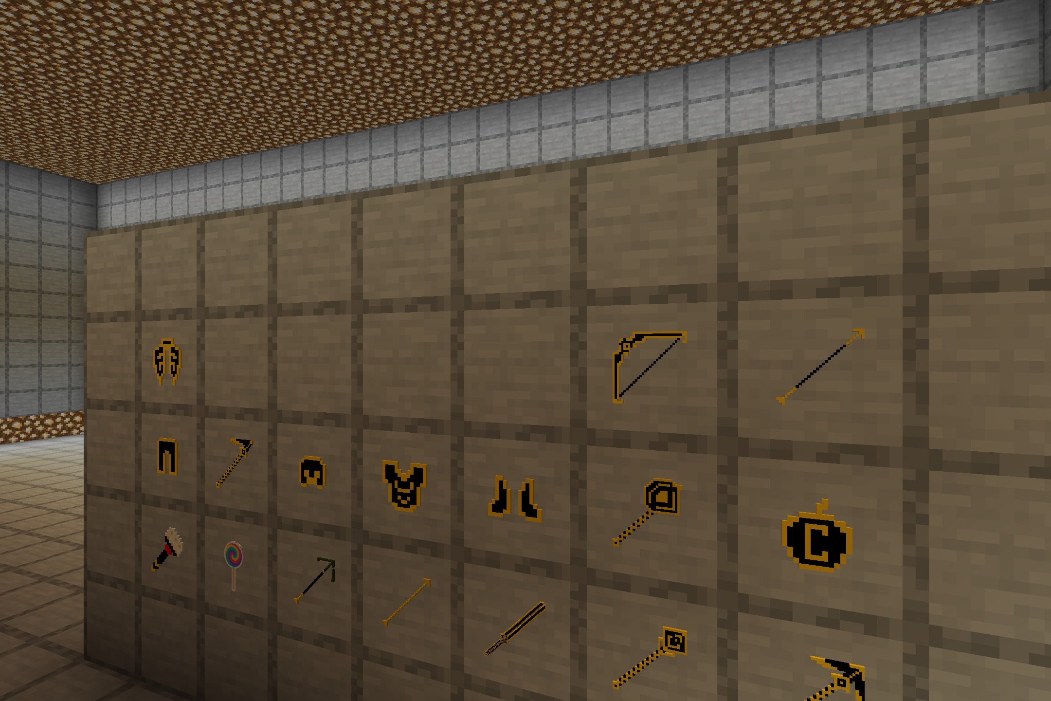 Chaos PvP Pack Resource Pack Screenshot 5 A wall of item frames displaying glowing black and gold combat gear
