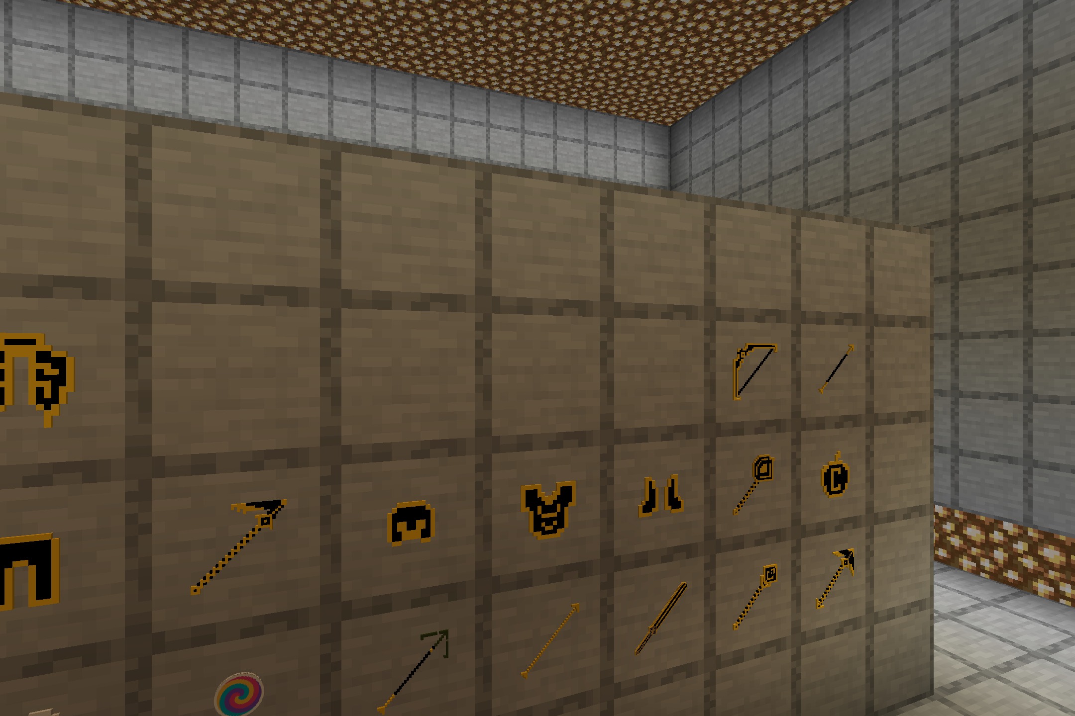 Chaos PvP Pack Resource Pack Screenshot 6 Various custom textured tools and armor pieces displayed on a wooden wall