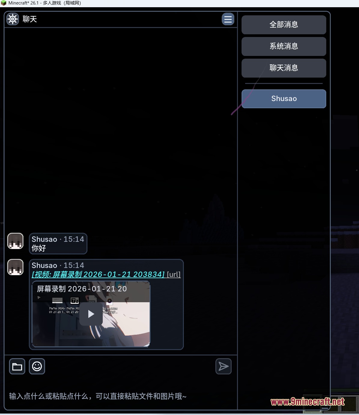 Chat interface showing a video preview and messages from another player