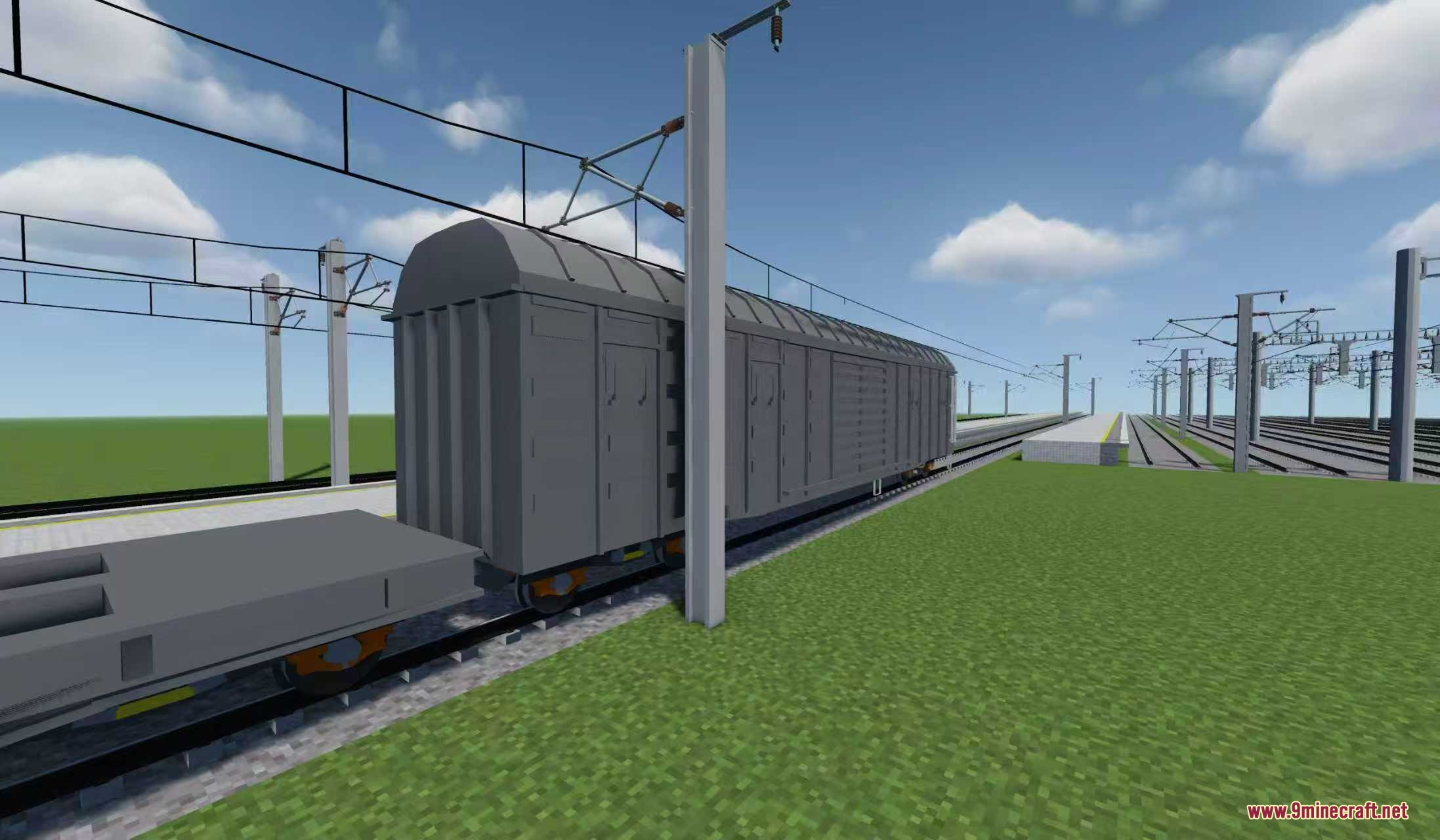 Chen Dian Metro Way Resource Pack Screenshot 3 Detailed gray cargo train wagon on a railway track in Minecraft