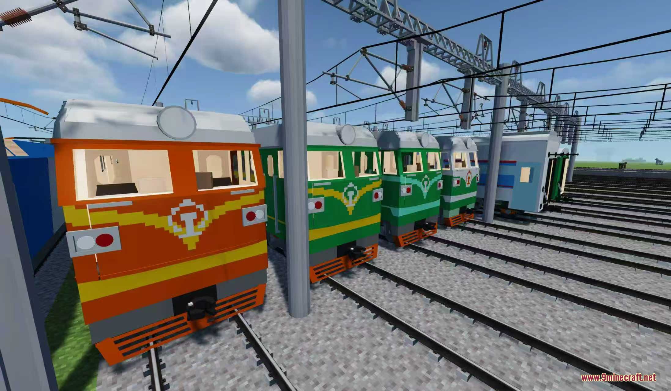 Chen Dian Metro Way Resource Pack Screenshot 5 A row of colorful China Railway passenger trains parked on multiple tracks
