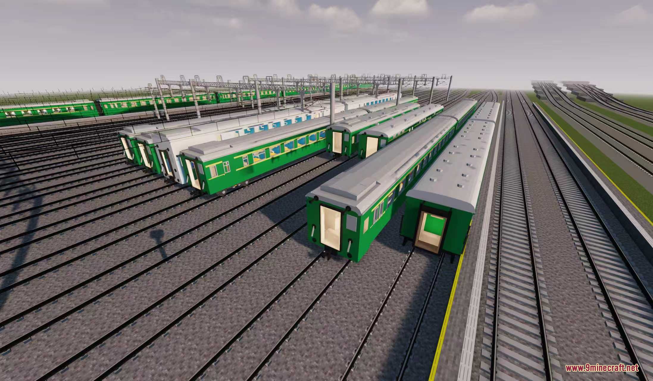 Chen Dian Metro Way Resource Pack Screenshot 8 Multiple green and white passenger train cars parked on railway tracks
