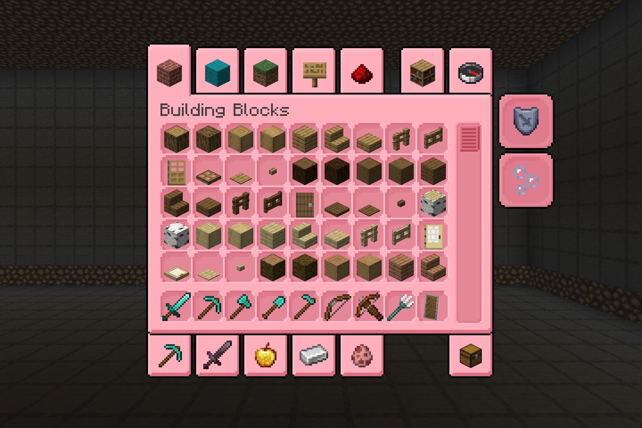 The Minecraft creative inventory screen redesigned with a soft pastel pink theme