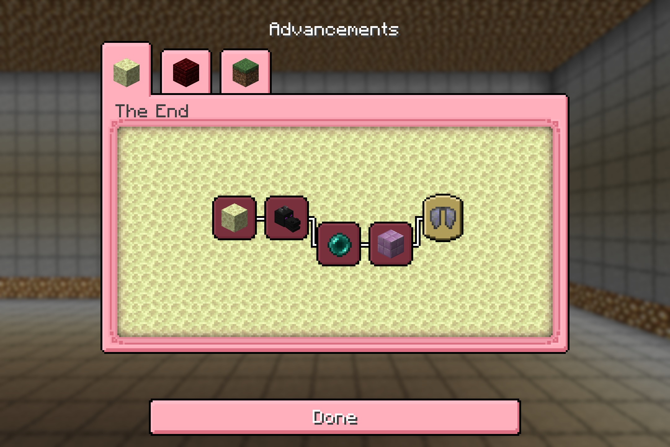 The advancements menu displaying end dimension achievements with a pink user interface