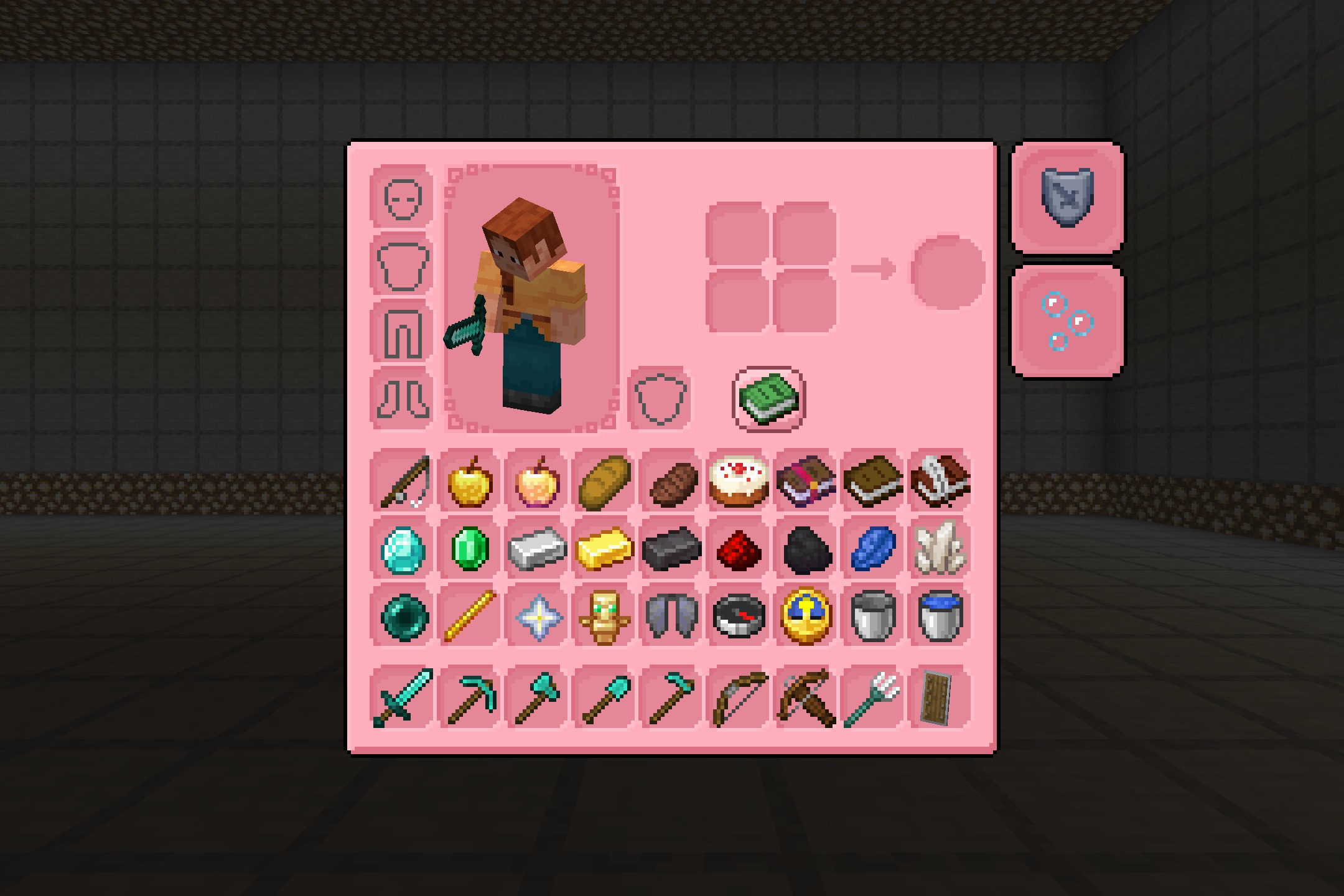 A Minecraft inventory screen featuring a soft pastel pink user interface theme