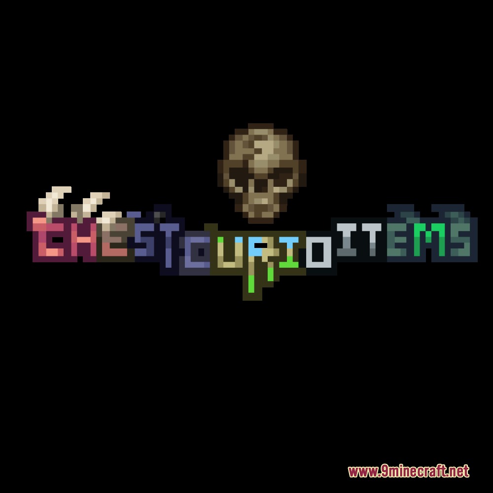 Pixelated logo for Chest Curio Items mod featuring a skull on black background